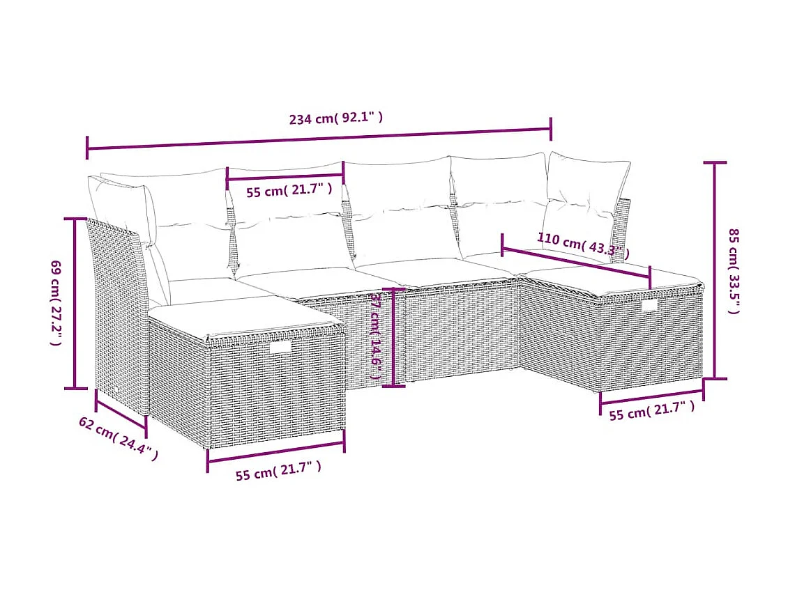 Conjunto de jardín 6 piezas y cojines ratán sintético negro ES494976