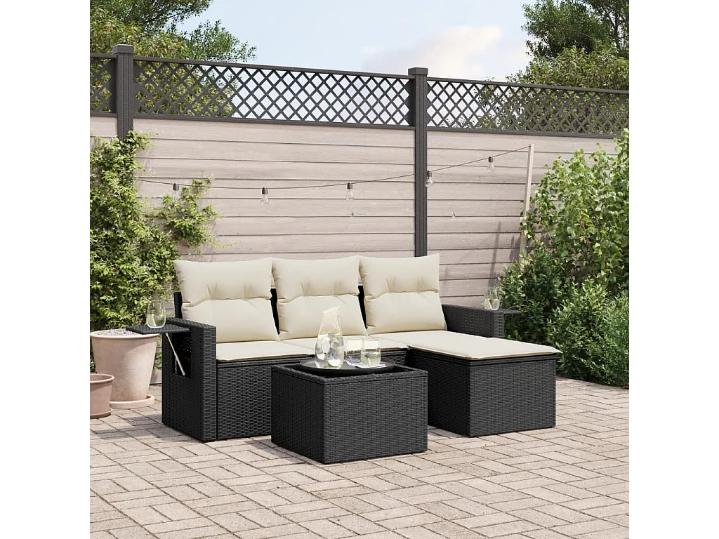 Salon de jardin 4 pcs avec coussins noir résine tressée FR51806