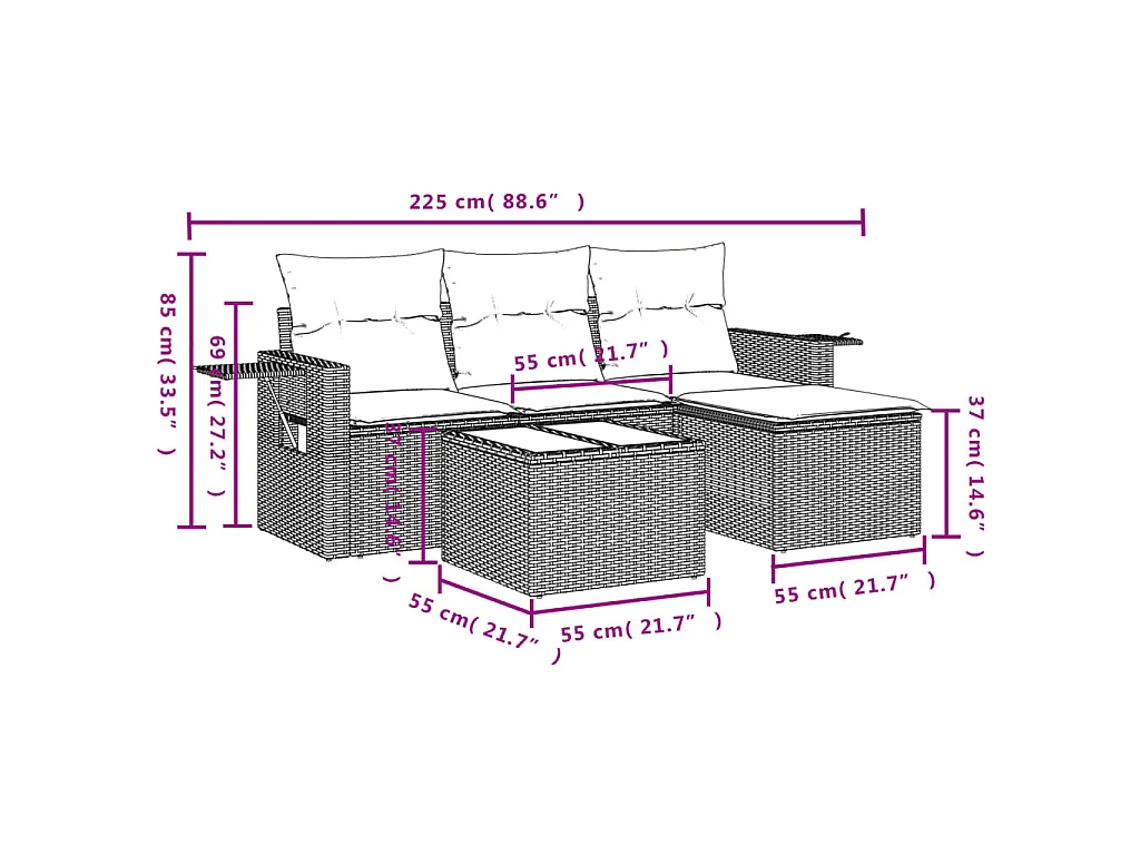4-delige Loungeset met kussens poly rattan zwart BE668792