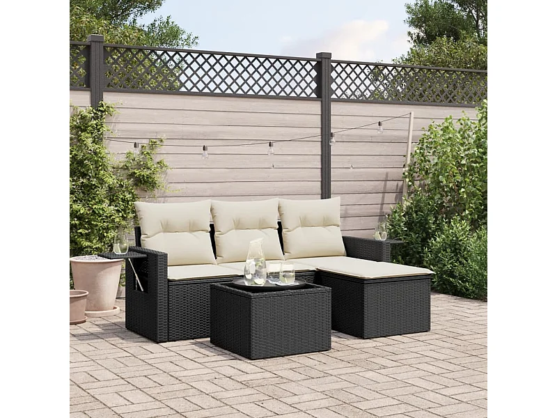 Salon de jardin 4 pcs avec coussins noir résine tressée FR51806
