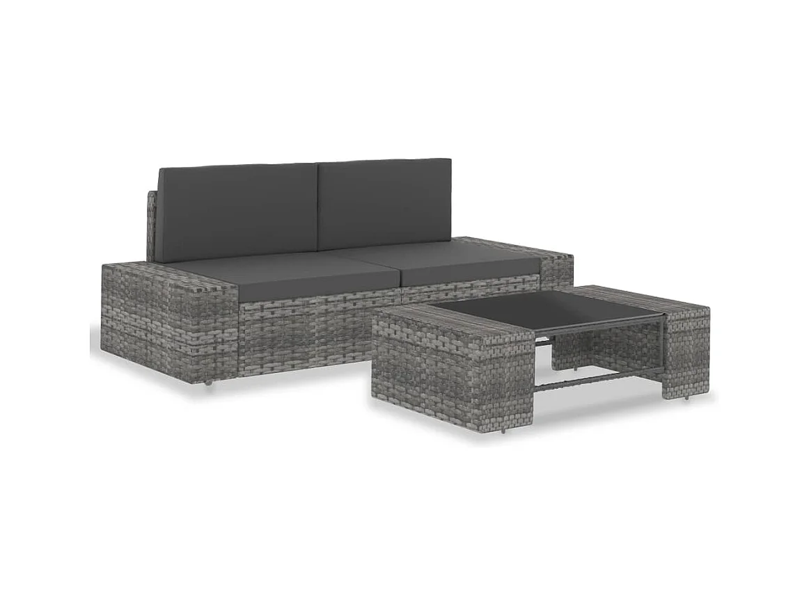 3 pcs conjunto lounge de jardim vime PE cinzento PT495242