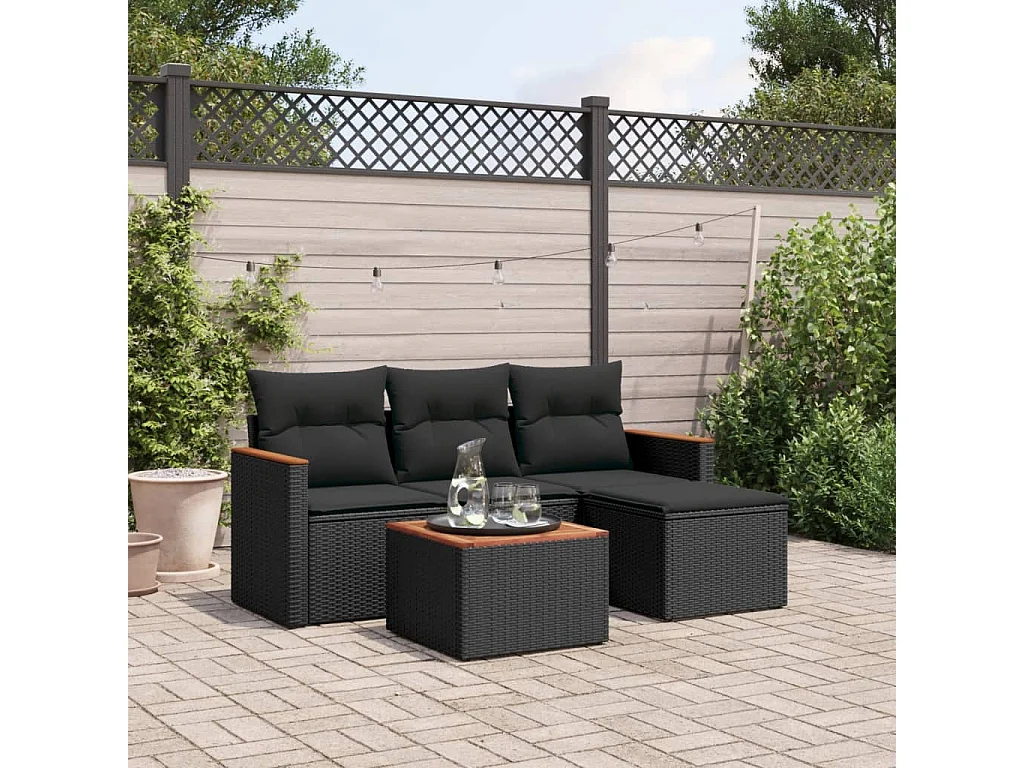 Salon de jardin 5 pcs avec coussins noir résine tressée FR49445