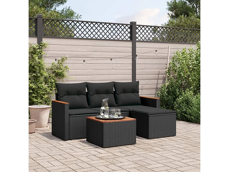 5 pcs conjunto sofás de jardim com almofadões vime PE preto PT573994