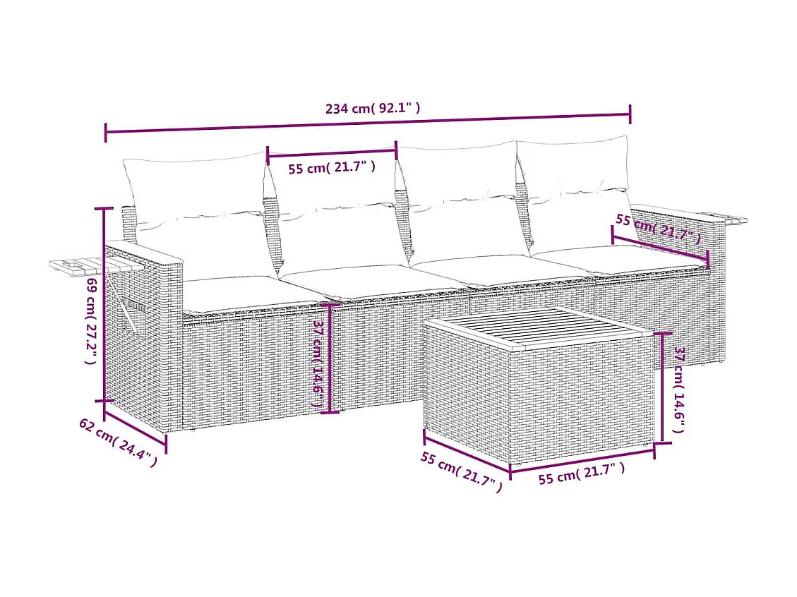 5 pcs conjunto sofás de jardim c/ almofadões vime PE cinzento PT299764