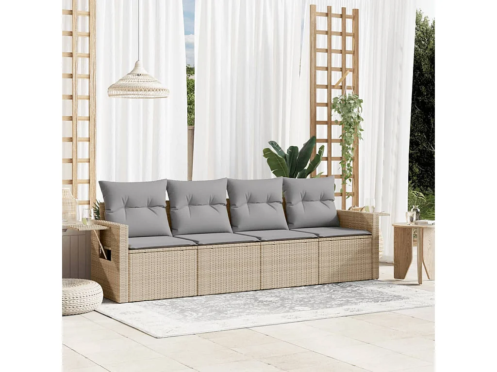 4 pcs conjunto de sofás para jardim c/ almofadões vime PE bege PT859617