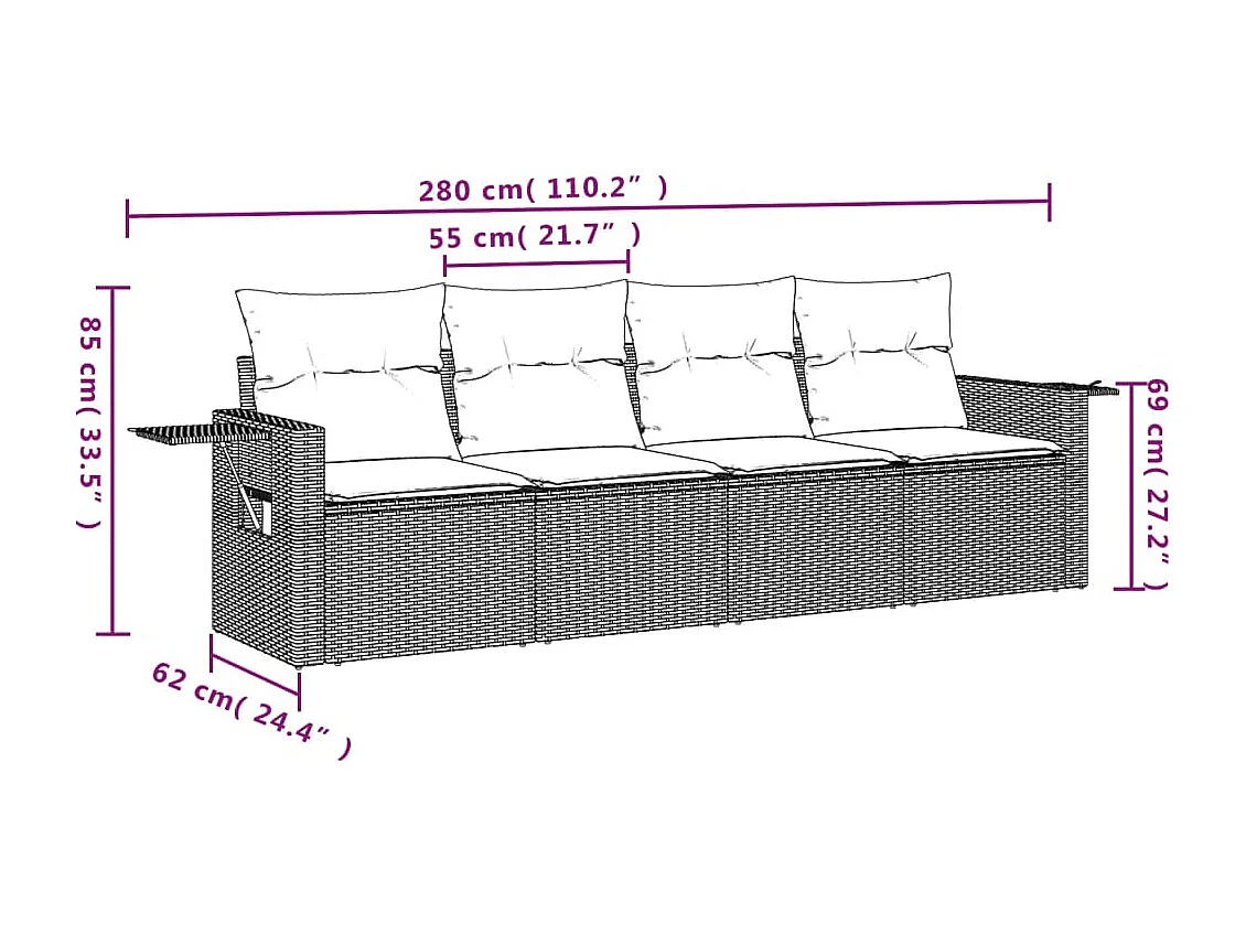 4 pcs conjunto de sofás para jardim c/ almofadões vime PE bege PT859617