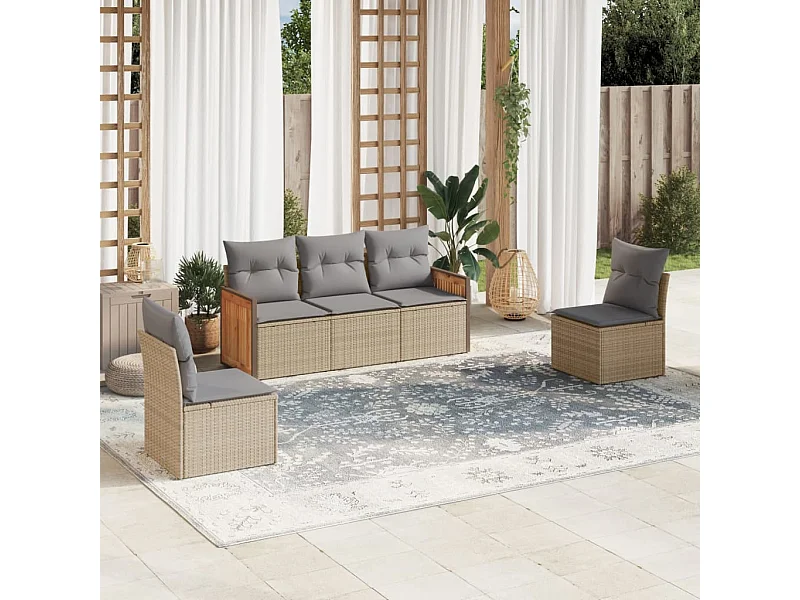 5-delige Loungeset met kussens poly rattan beige BE415577