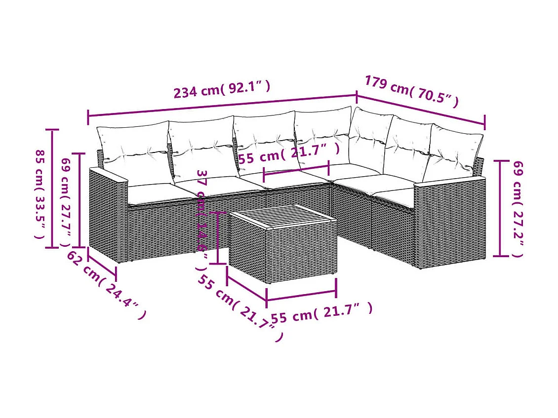 Salon de jardin avec coussins 7 pcs gris résine tressée FR30313