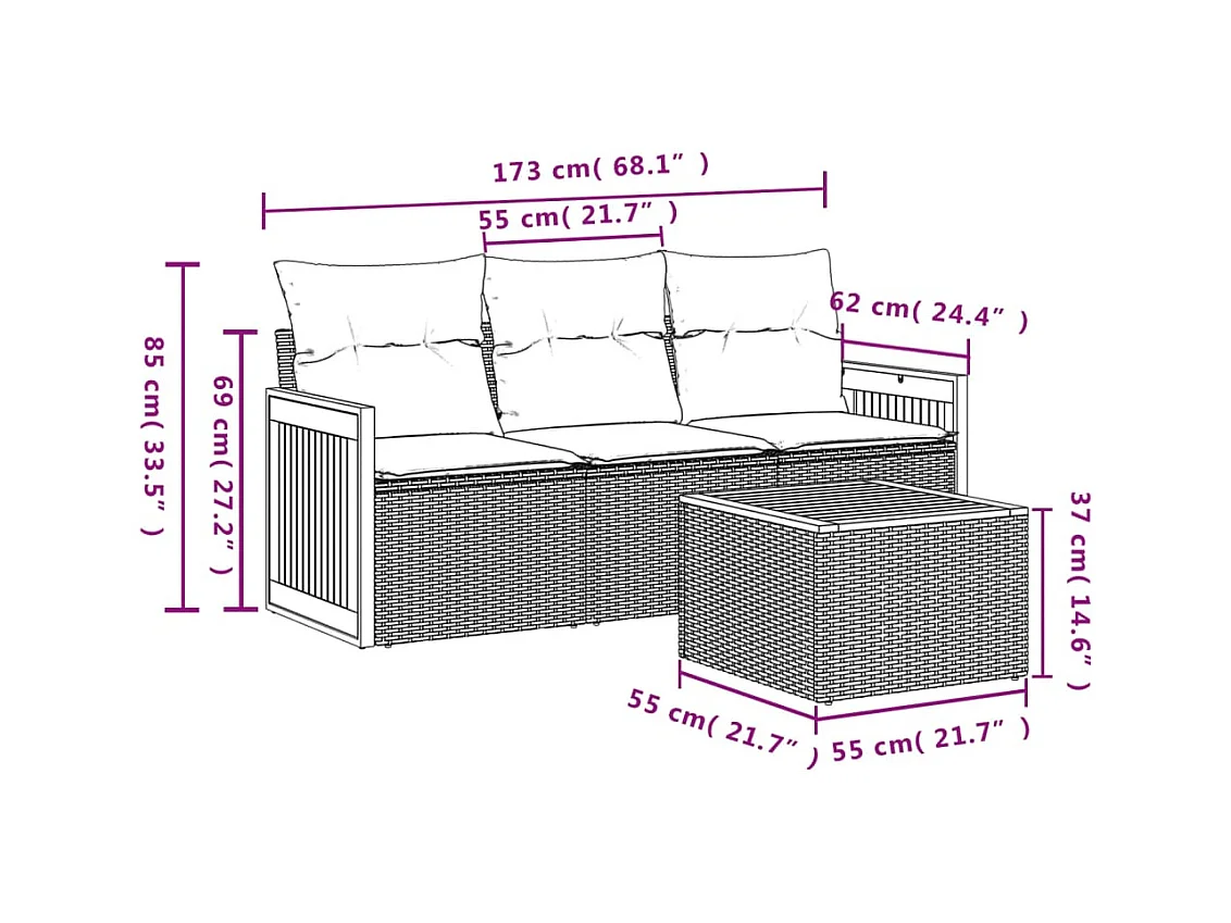4 pcs conjunto de sofás para jardim c/ almofadões vime PE preto PT394653