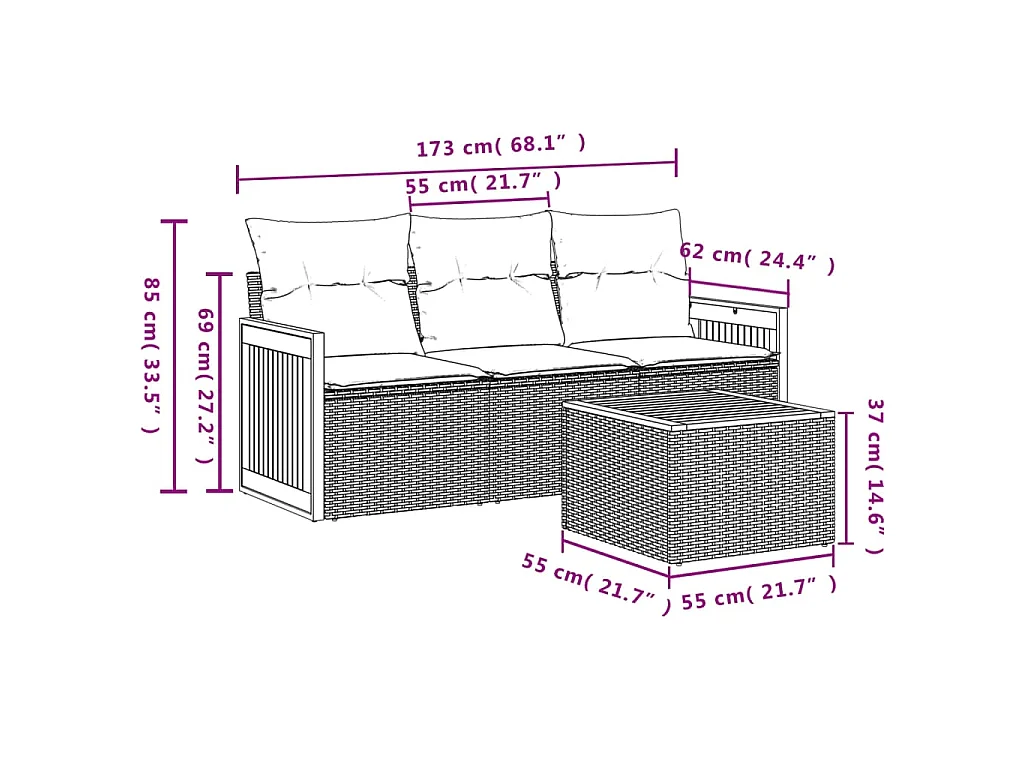 4-delige Loungeset met kussens poly rattan zwart BE714784