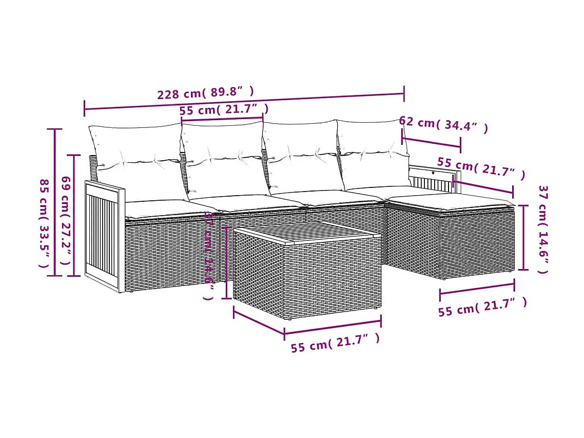 6 pcs conjunto sofás de jardim c/ almofadões vime PE preto PT776440