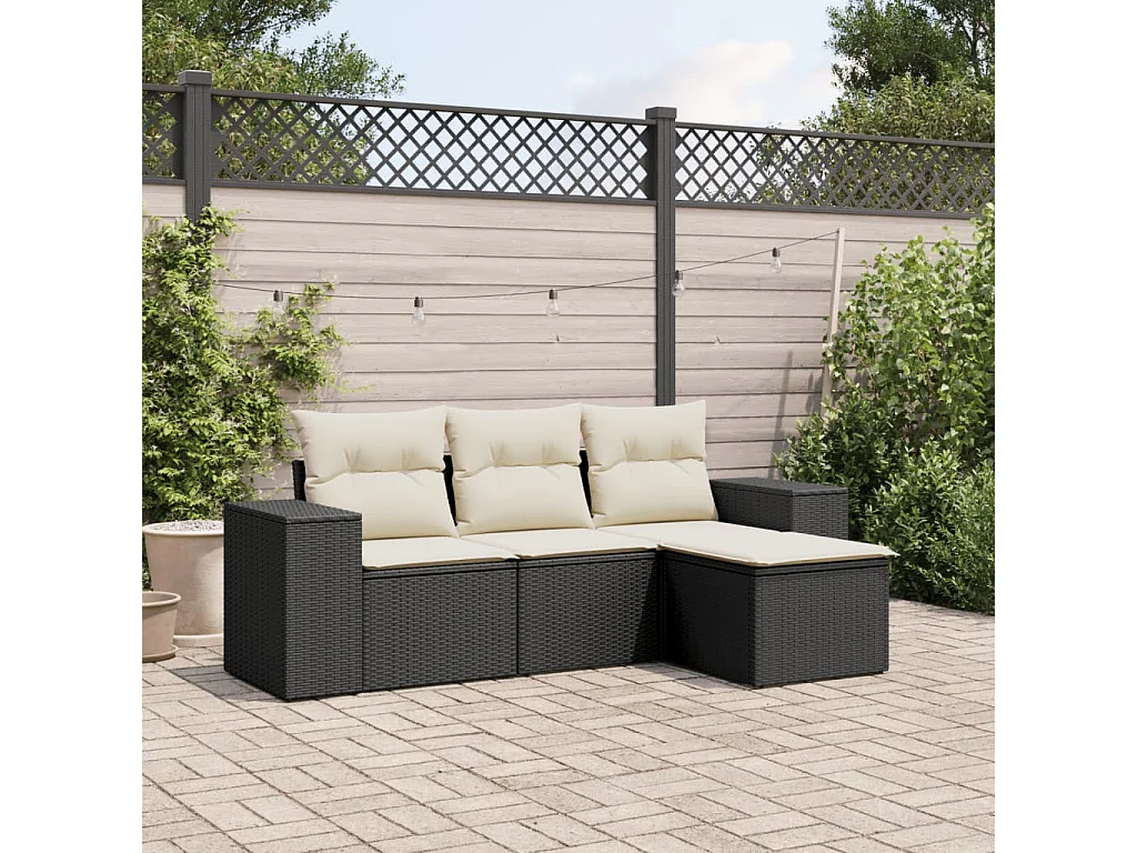 Salon de jardin 4 pcs avec coussins noir résine tressée FR36403