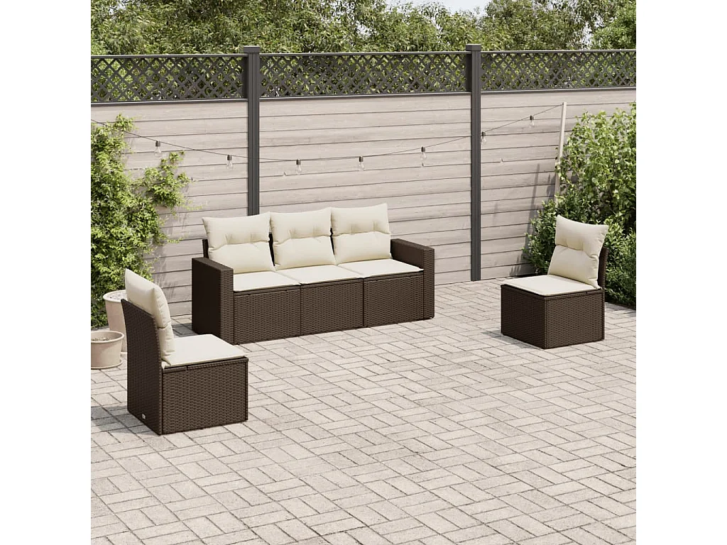 5 pcs conjunto sofás p/ jardim c/ almofadões vime PE castanho PT683825