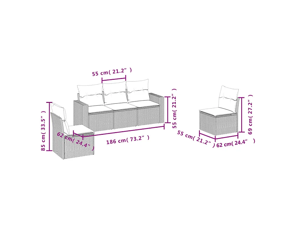 5 pcs conjunto sofás p/ jardim c/ almofadões vime PE castanho PT683825