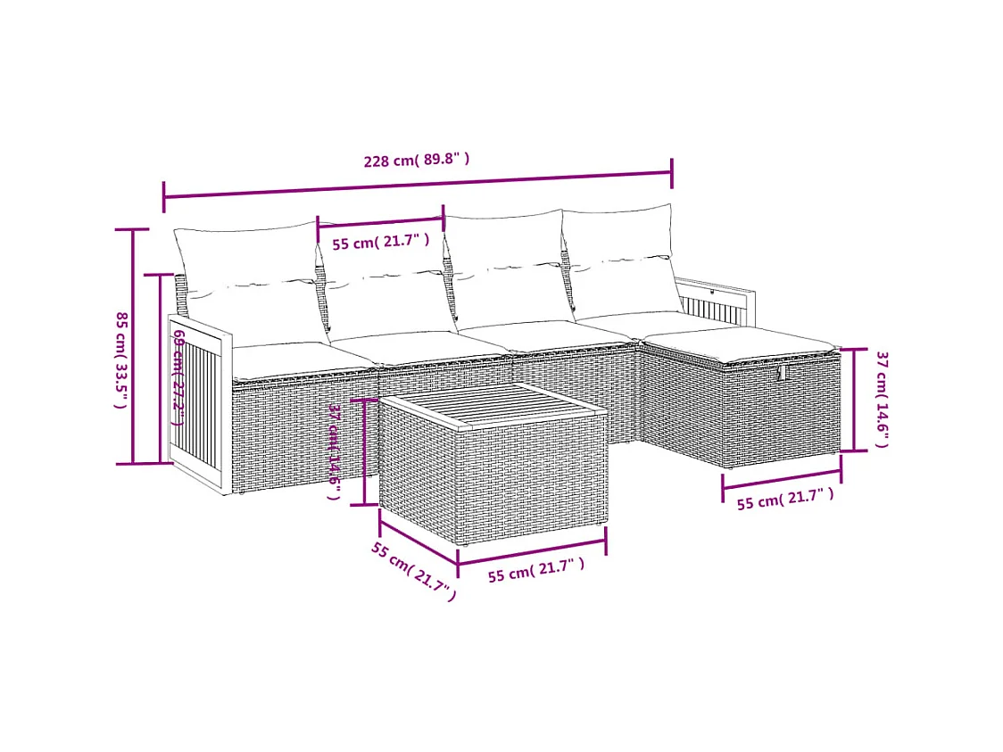 6 pcs conjunto sofás de jardim com almofadões vime cinzento PT502420