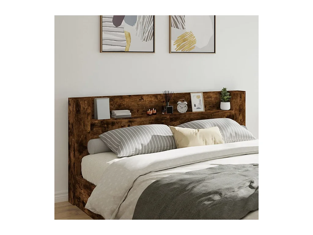 Armoire tête de lit avec LED chêne fumé 220x16,5x103,5 cm FR19576