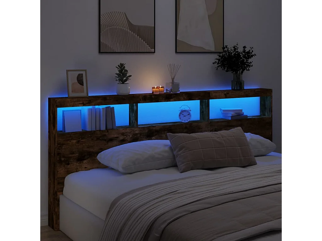 Cabecero de cama con luz LED roble ahumado 220x17x102 cm ES482937