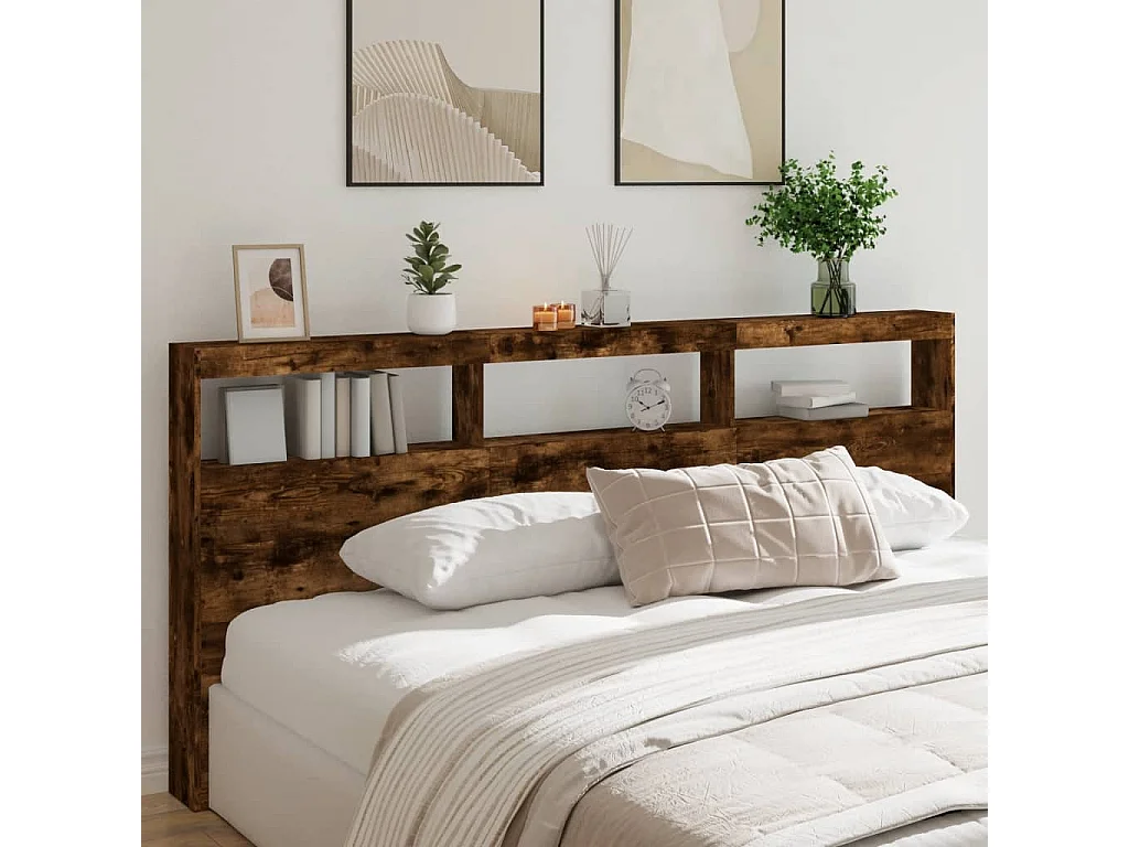 Armoire tête de lit avec LED chêne fumé 220x17x102 cm FR49909