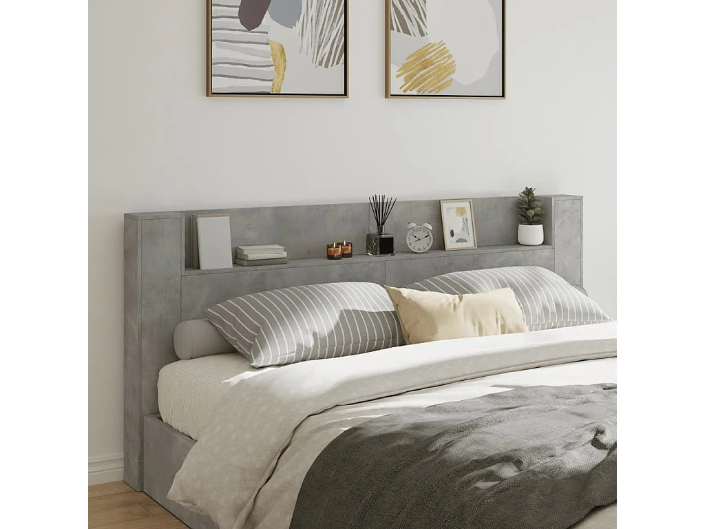 Armoire tête de lit avec LED gris béton 220x16,5x103,5 cm FR49361