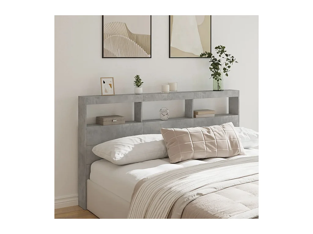 Armoire tête de lit avec LED gris béton 180x17x102 cm FR38572