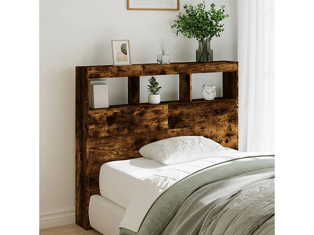 Armoire tête de lit avec LED chêne fumé 120x17x102 cm FR15952