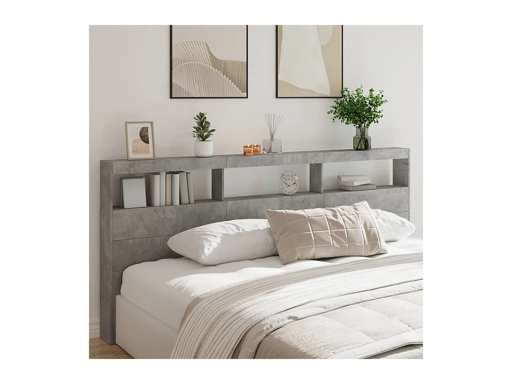 Armoire tête de lit avec LED gris béton 220x17x102 cm FR42290