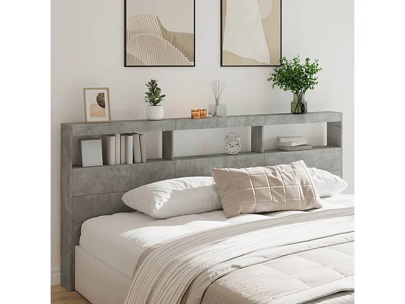 Armoire tête de lit avec LED gris béton 220x17x102 cm FR42290
