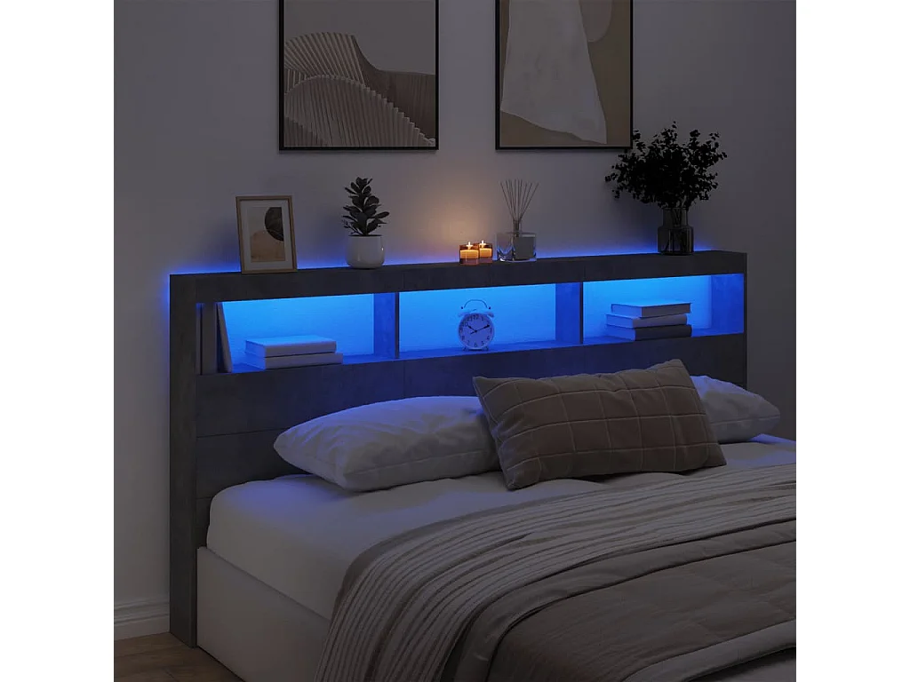 Armário de cabeceira c/ luzes LED 200x17x102cm cinzento cimento PT143793