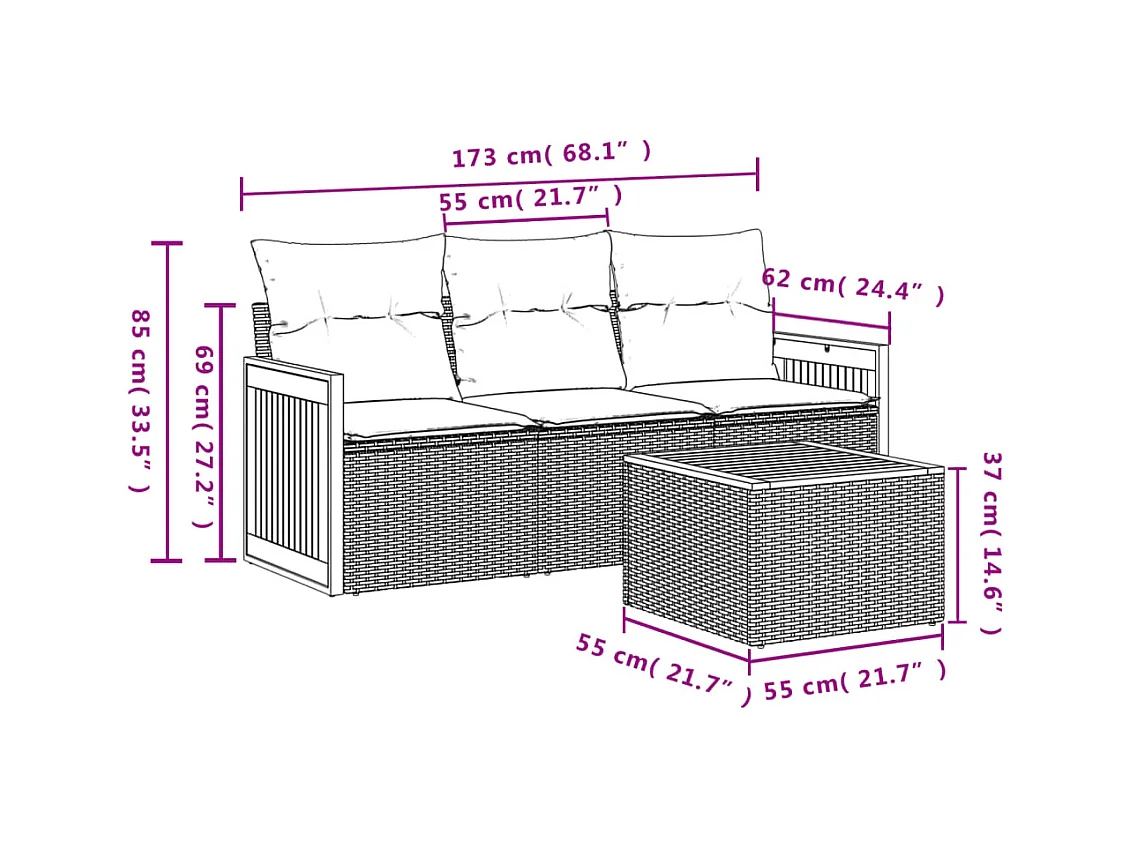 Salon de jardin 4 pcs avec coussins noir résine tressée FR71594