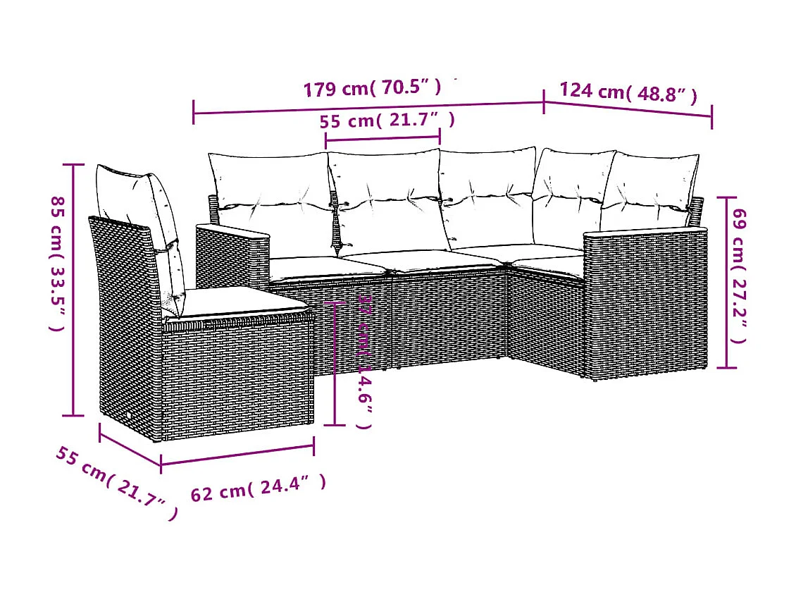 5-delige Loungeset met kussens poly rattan zwart BE338117