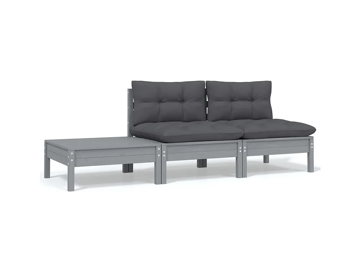 Salon de jardin 3 pcs avec coussins Gris Bois de pin massif FR62925
