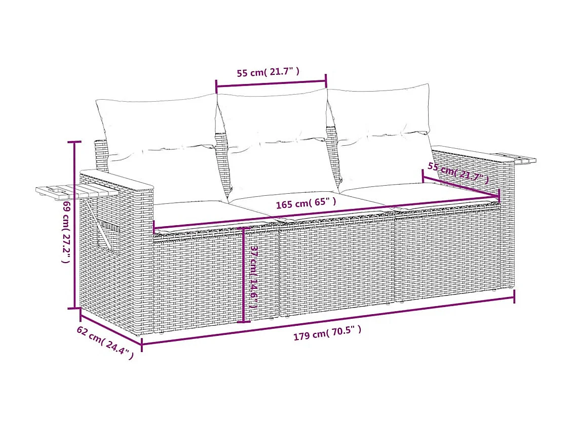 Salon de jardin avec coussins 3 pcs gris résine tressée FR70458