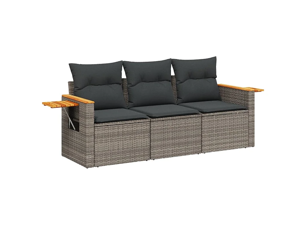 3 pcs conjunto sofás de jardim c/ almofadões vime PE cinzento PT290181