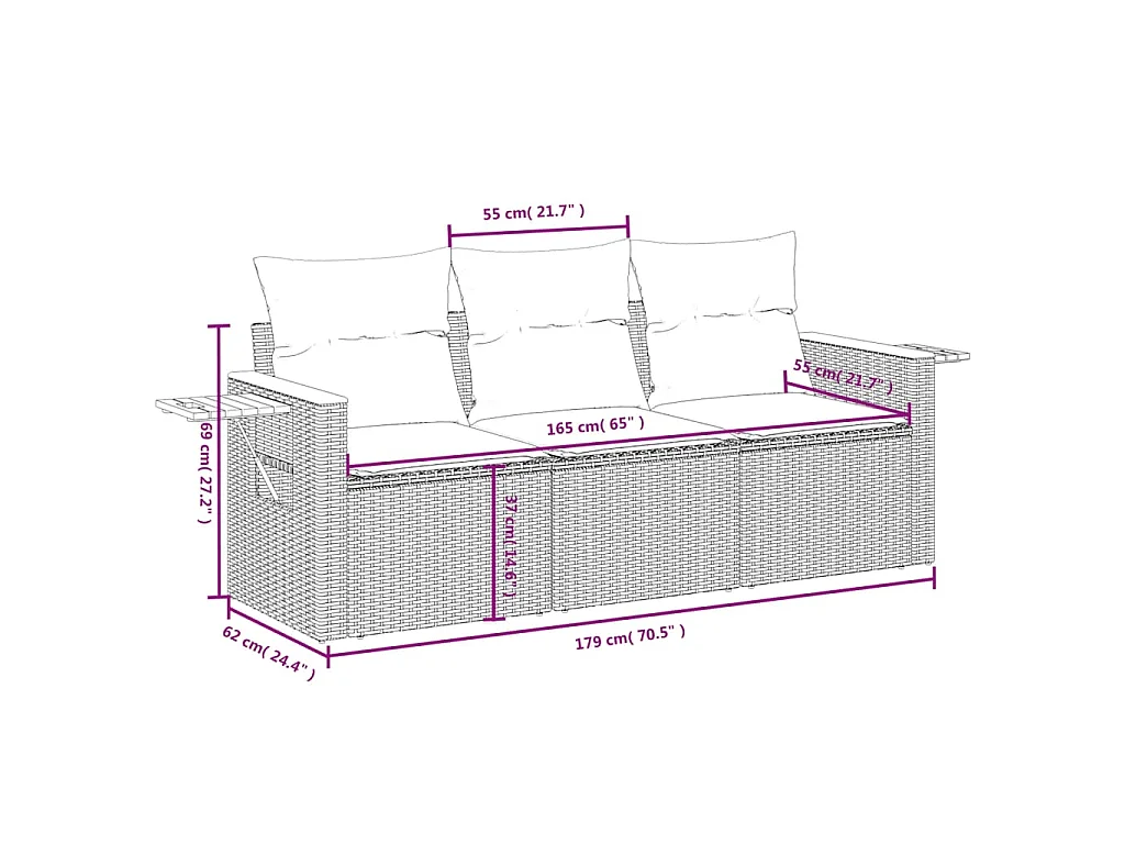 3 pcs conjunto sofás de jardim c/ almofadões vime PE cinzento PT290181