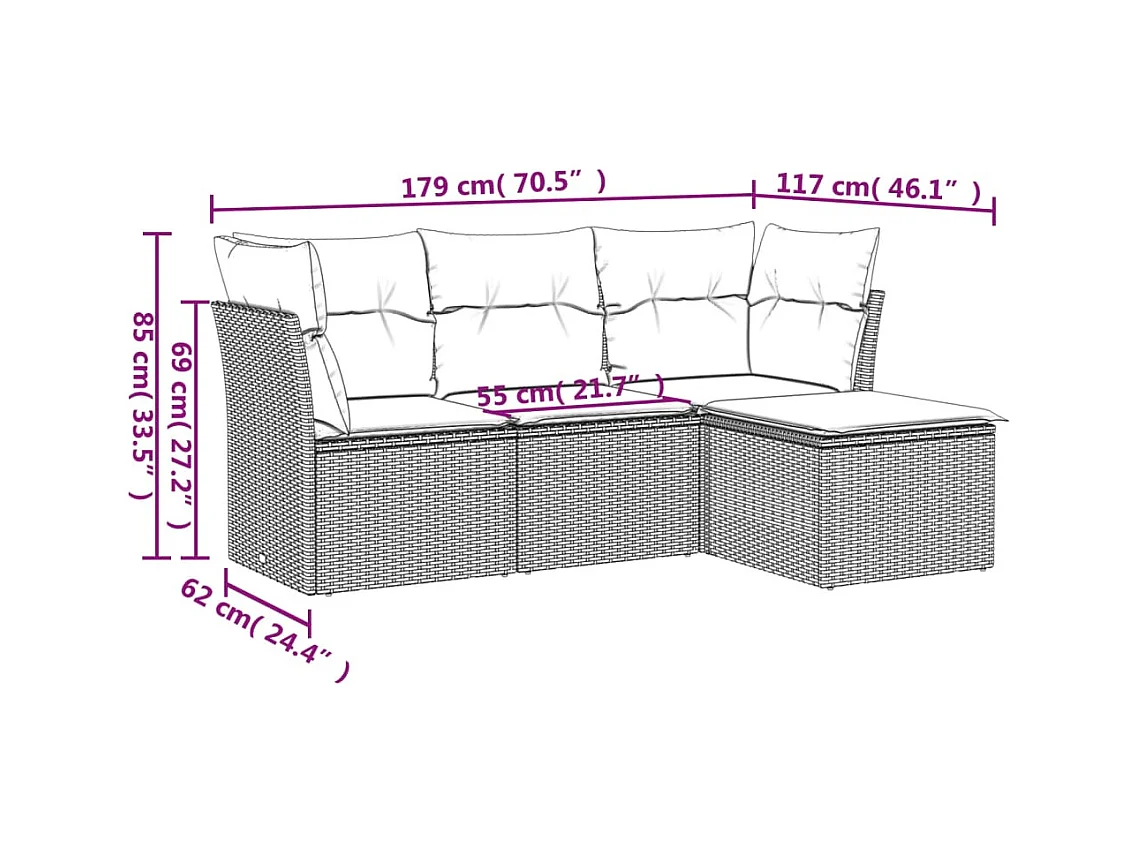 Salon de jardin 4 pcs avec coussins marron résine tressée FR14697