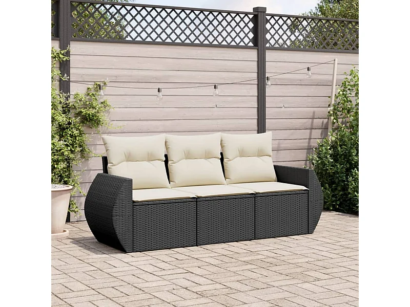 3 pcs conjunto sofás de jardim com almofadões vime PE preto PT918723