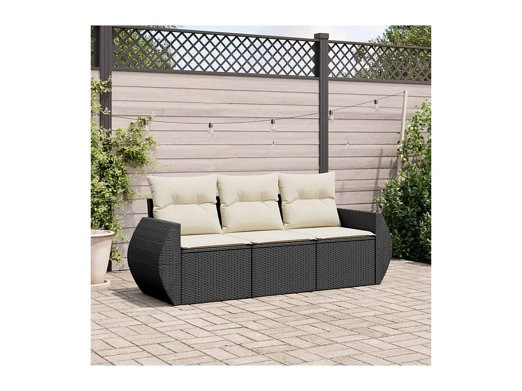 Salon de jardin 3 pcs avec coussins noir résine tressée FR71079