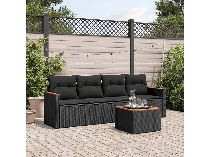 5 pcs conjunto sofás de jardim com almofadões vime PE preto PT306381