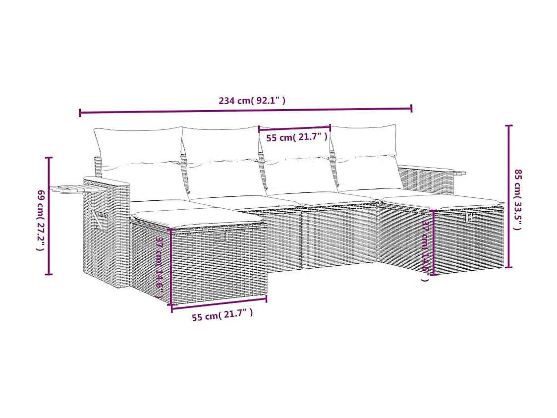 5 pcs conjunto sofás de jardim com almofadões vime PE preto PT461275