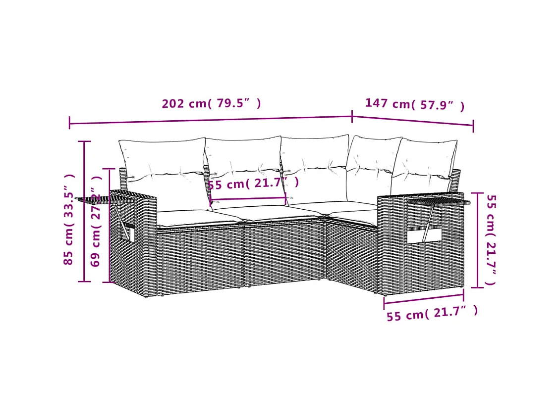Salon de jardin 4 pcs avec coussins marron résine tressée FR66534