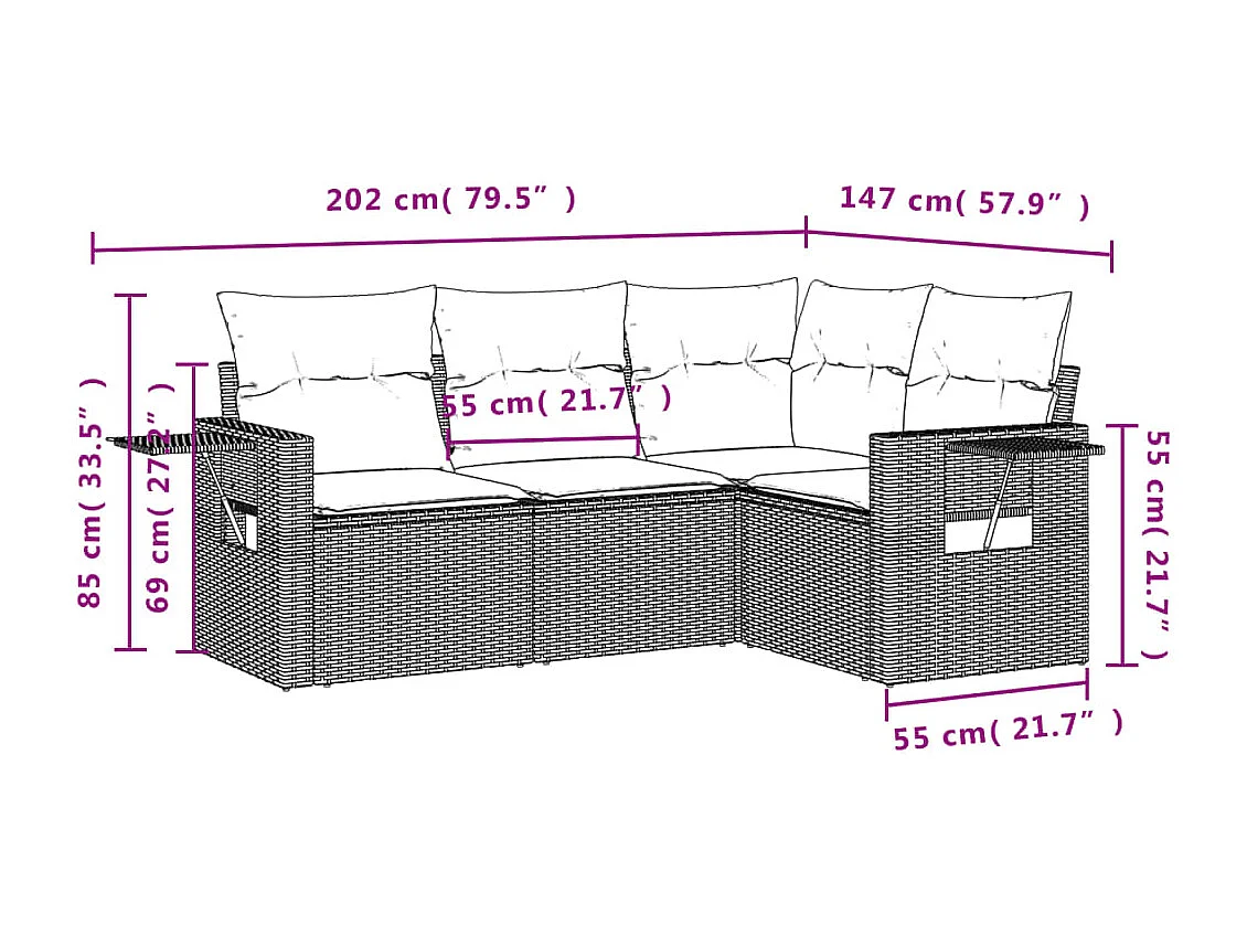 Salon de jardin 4 pcs avec coussins marron résine tressée FR66534