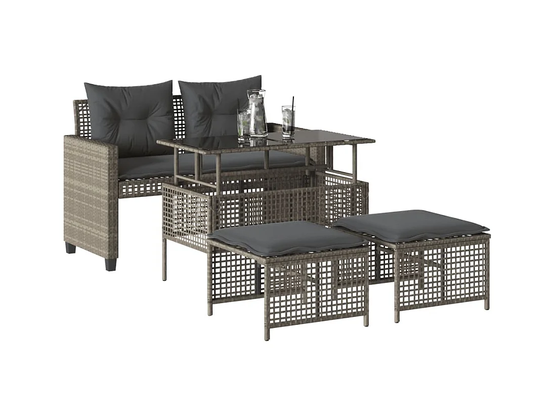 Salon de jardin avec coussins 4 pcs gris clair poly rotin verre FR17091