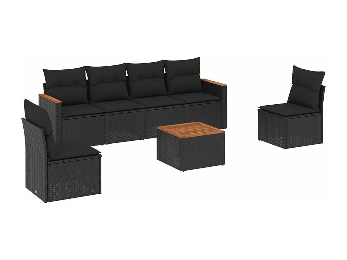 7 pcs conjunto de sofás p/ jardim c/ almofadões vime PE preto PT969931