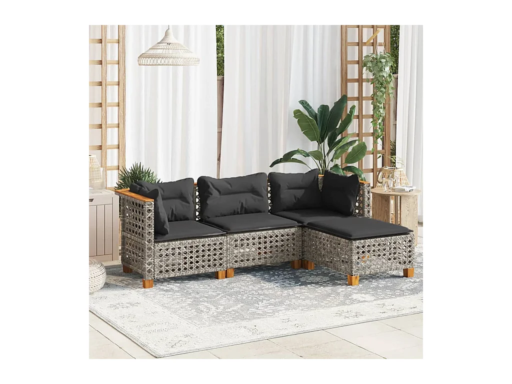 4 pcs conjunto sofás de jardim c/ almofadões vime PE cinzento PT615420