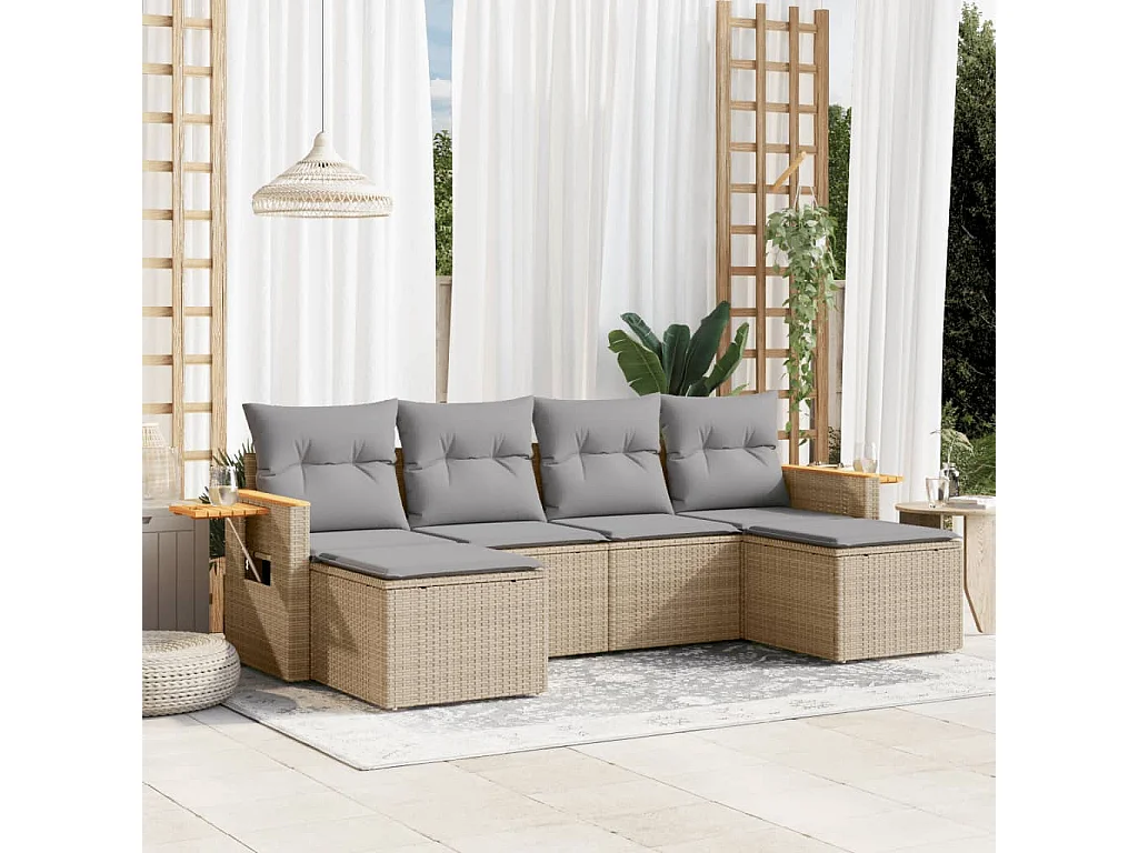 6 pcs conjunto de sofás p/ jardim com almofadões vime PE bege PT901814