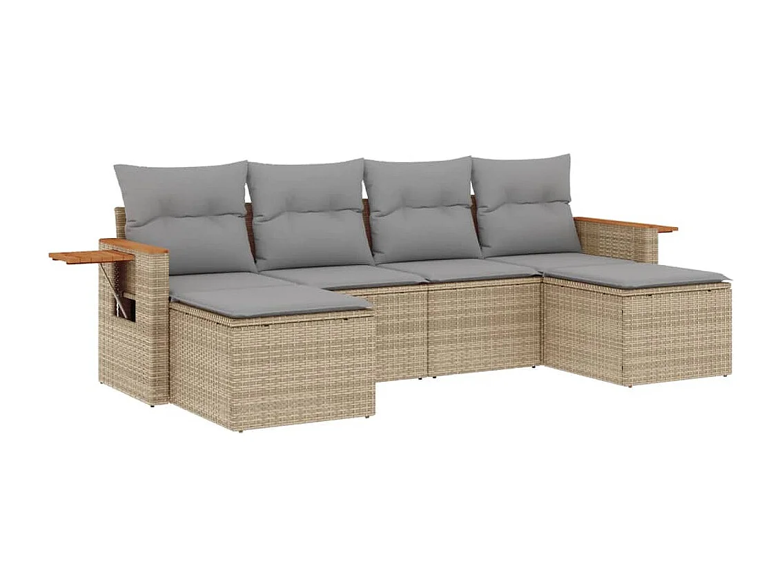 6 pcs conjunto de sofás p/ jardim com almofadões vime PE bege PT901814