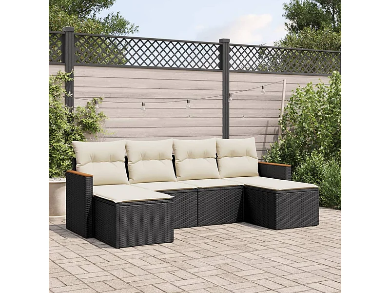 Salon de jardin 6 pcs avec coussins noir résine tressée FR20551