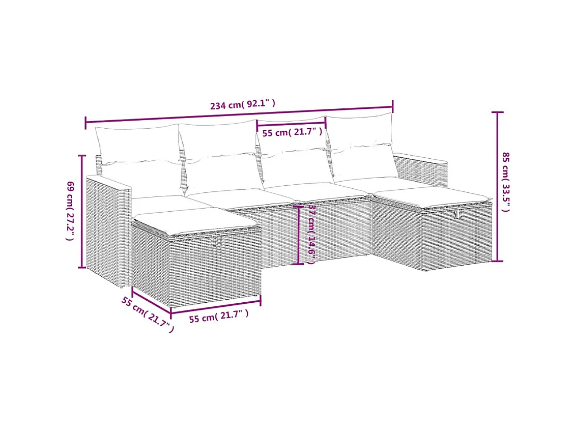 6 pcs conjunto sofás de jardim c/ almofadões vime PE preto PT116616