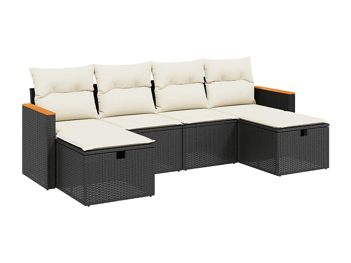 6 pcs conjunto sofás de jardim c/ almofadões vime PE preto PT116616