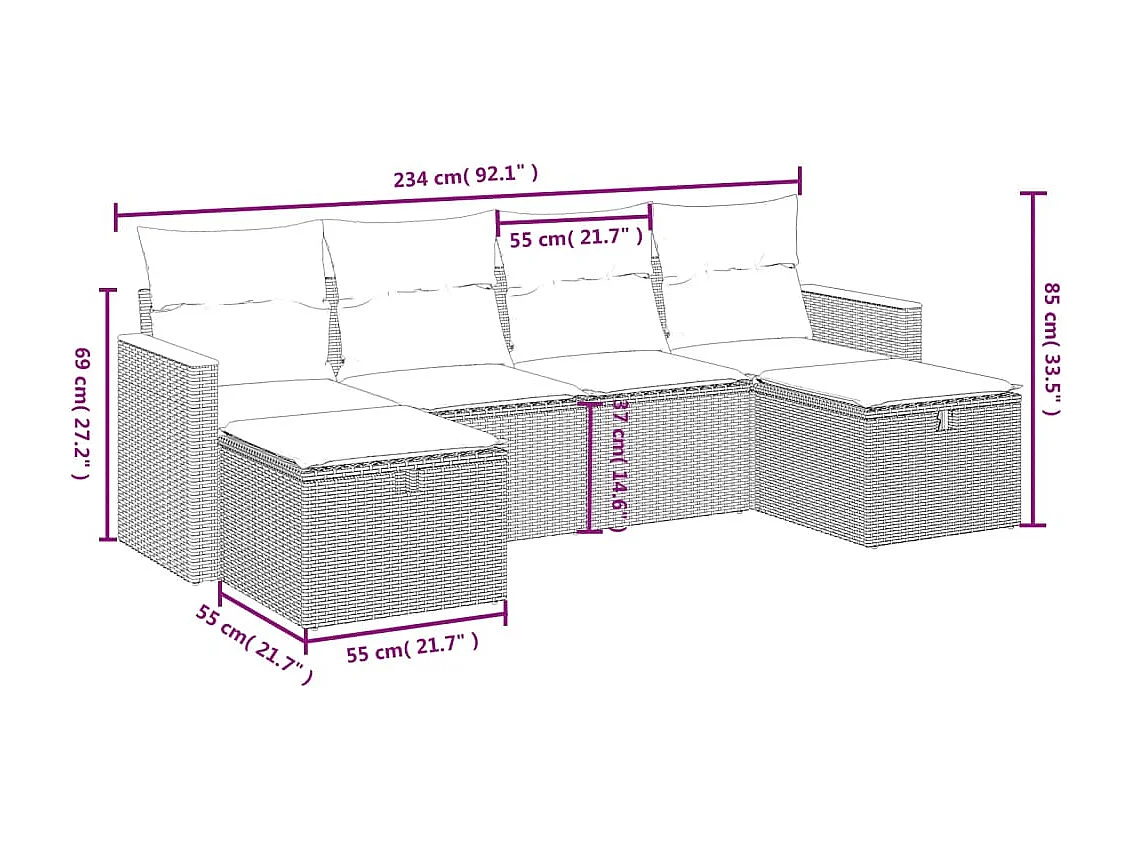6 pcs conjunto sofás de jardim c/ almofadões vime PE preto PT116616